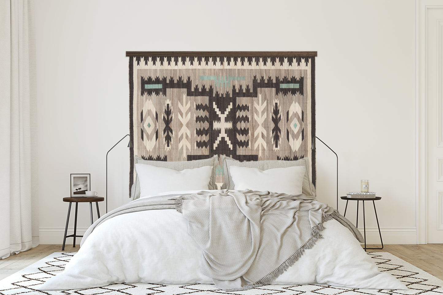 Hang a Rug in the Bedroom with Wooden Hanging Bars